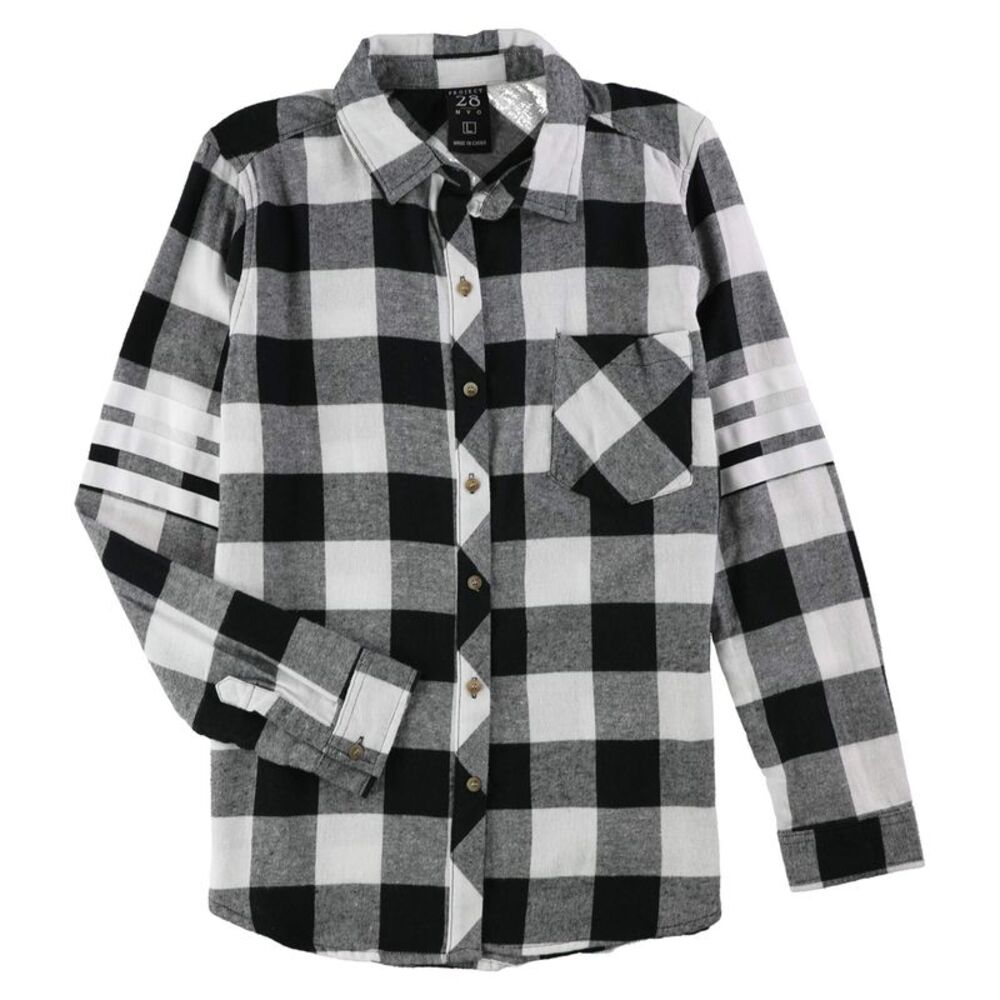 Project 28 Womens 3 Stripe Varsity Plaid Button Up Shirt